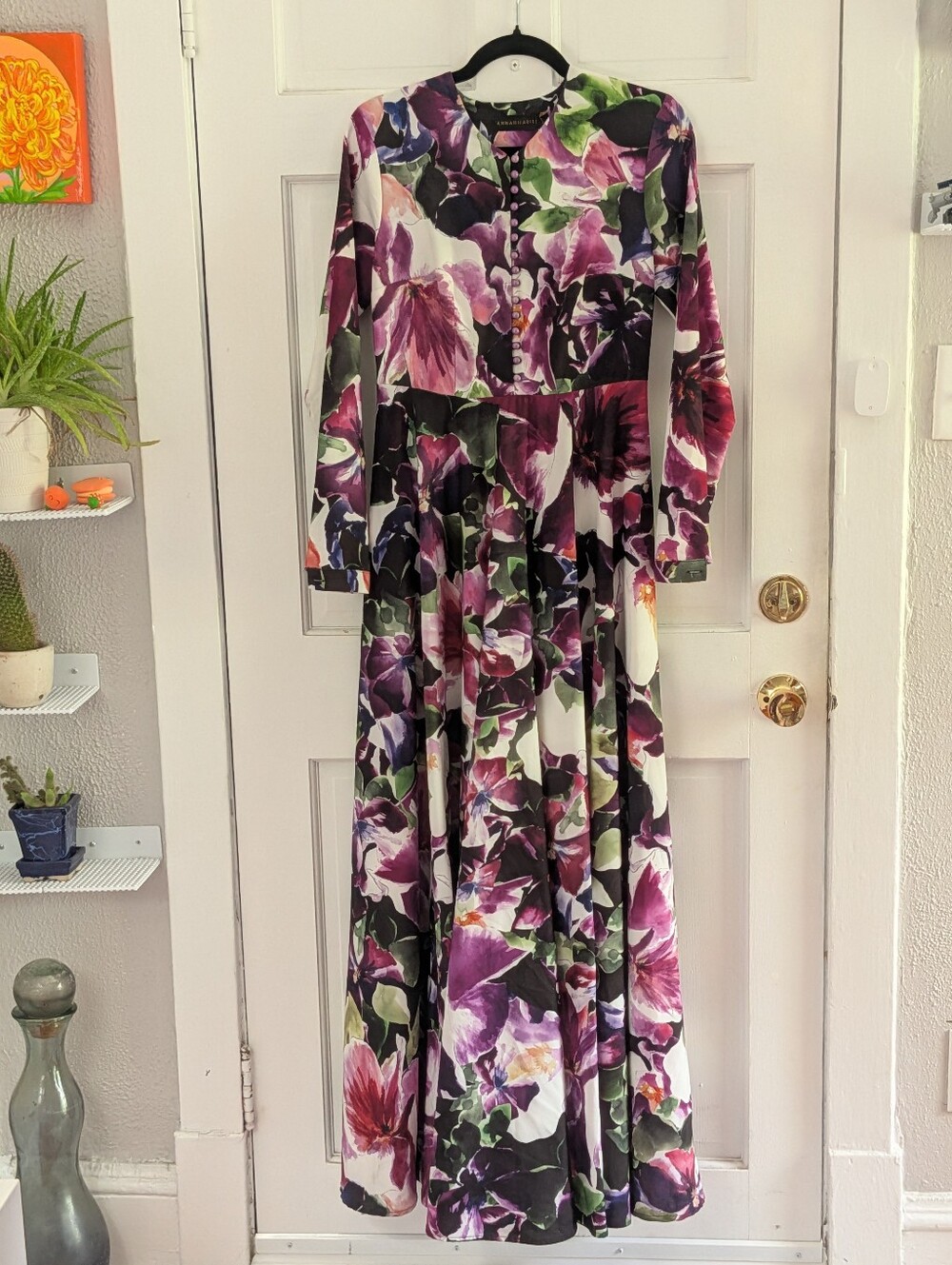 AnnahHariri Purple Watercolor Floral Maxi Dress Long Sleeve Size 6 - Picture 2 of 5